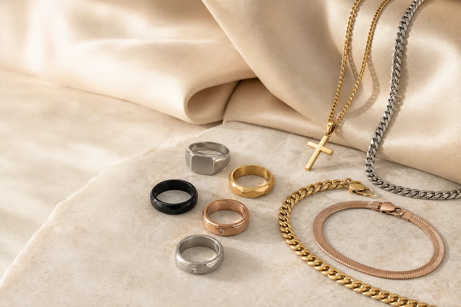 Sélection de bijoux RIVANE sur tissu champagne